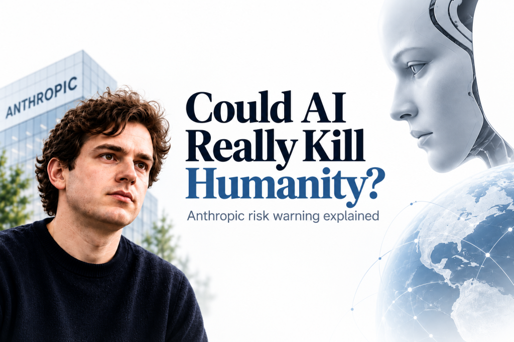Anthropic AI extinction risk concept showing an AI researcher, advanced artificial intelligence and global AI safety concerns