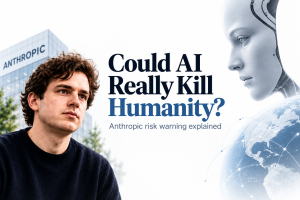 Anthropic AI extinction risk concept showing an AI researcher, advanced artificial intelligence and global AI safety concerns