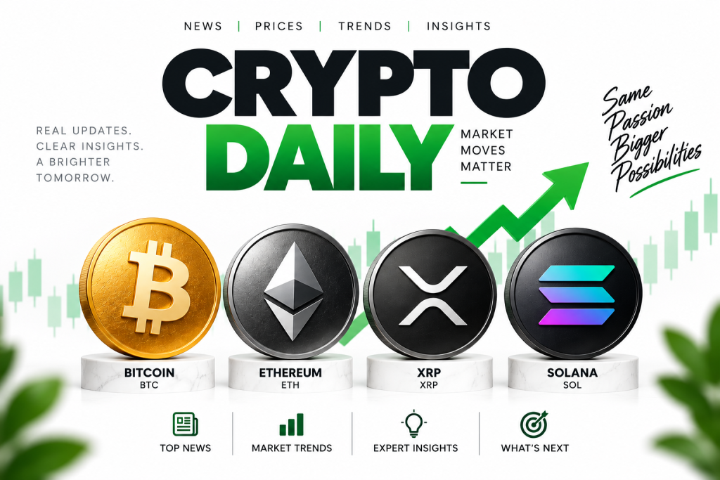 Crypto daily market update featuring Bitcoin, Ethereum, XRP and Solana news and price trends