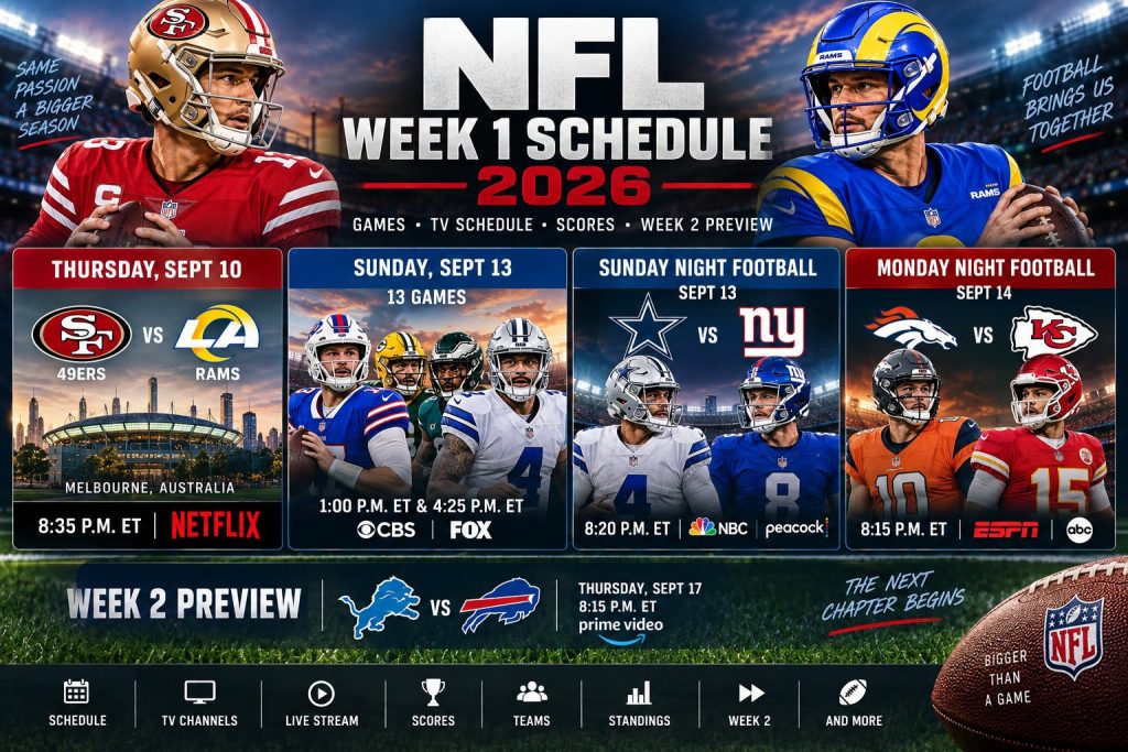 NFL Week 1 schedule 2026 with games today, Sunday schedule, Sunday Night Football, Monday Night Football and Week 2 preview